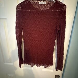 Stradivarius Burgundy Sheer Lace Long-Sleeve Top